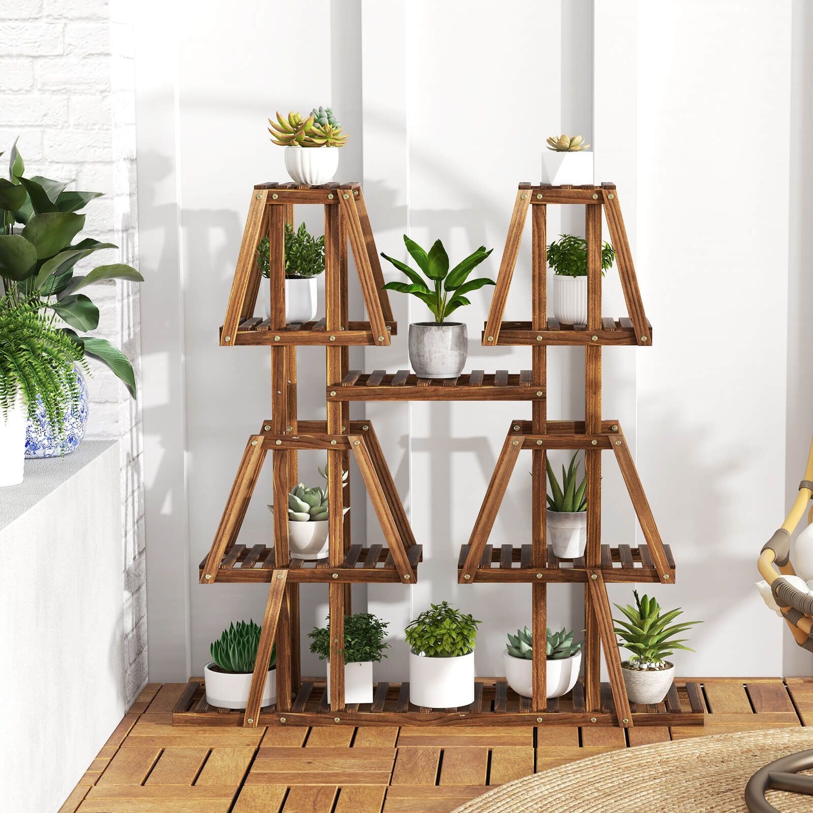 114 cm Tall Wooden Plant Stand with 5 Tiers for 10 Potted Plants