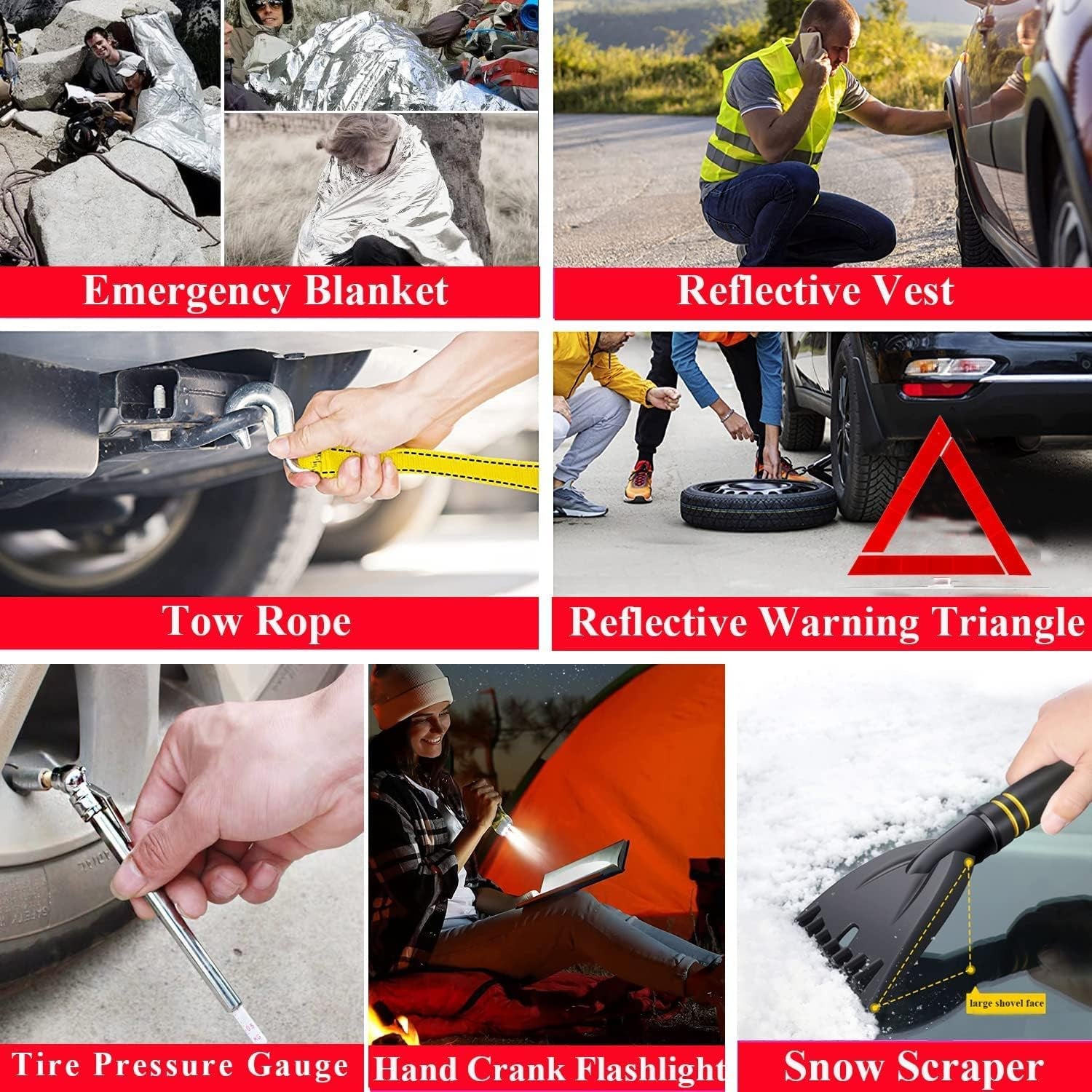 Comprehensive Car Emergency Kit for Roadside Assistance, Including Jumper Cables, Warning Triangle, Visibility Vest, Flashlight, and Essential Tools for Trucks and SUVs