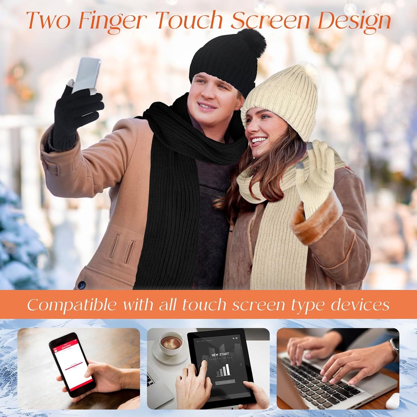 4PCS Winter Beanie Hat Scarf Gloves Set, Pink Black Grey Beige Warm Long Scarf Beanie Hat Thermal Socks Touch Screen Gloves, Winter Thick Set for Women Skiing Outdoor Sports