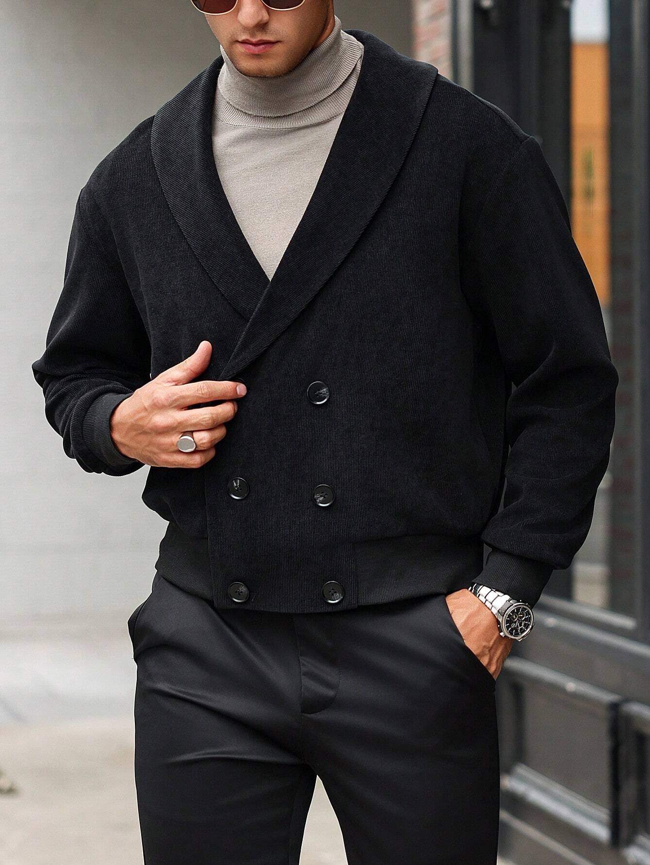 Manfinity Bizformal Men'S Autumn Casual Shawl Collar Double-Breasted Long Sleeve Black Jacket ,Fall and Winter Men ,Men Jacket. Going Out Light Jacket, for Friends, Husband, Boyfriend Gifts