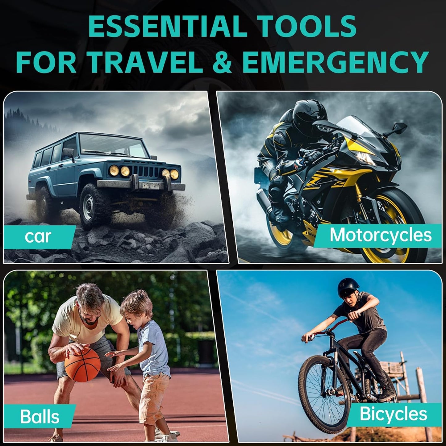 Cordless Tyre Inflator Portable Air Compressor Digital Car Tire Pump DC 12V 150 PSI Electric Air Pump for Vehicle Tyres/Bike/Inflatables with Preset and Auto Shutoff Function/ 4 Nozzles/Led Light