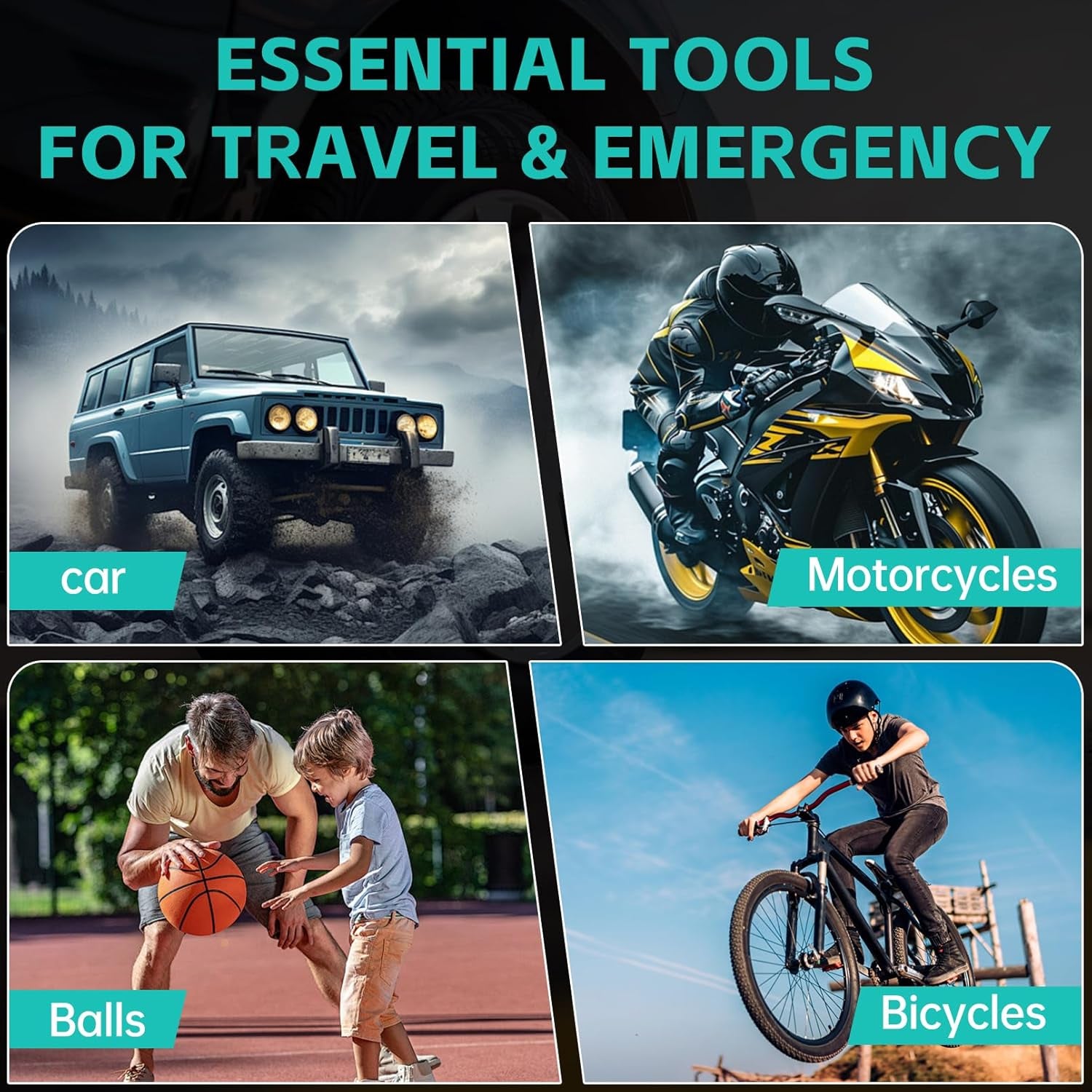 Cordless Tyre Inflator Portable Air Compressor Digital Car Tire Pump DC 12V 150 PSI Electric Air Pump for Vehicle Tyres/Bike/Inflatables with Preset and Auto Shutoff Function/ 4 Nozzles/Led Light