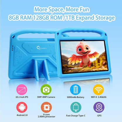Android 14 Kids Tablet 10 Inch,Tablet for Children with Family Link Parental Control,8Gb+128Gb up to 1Tb,Octa-Core,Wifi 6,GMS to Learn Tablets for Toddlers,Face Id,Shockproof EVA Case (Blue）