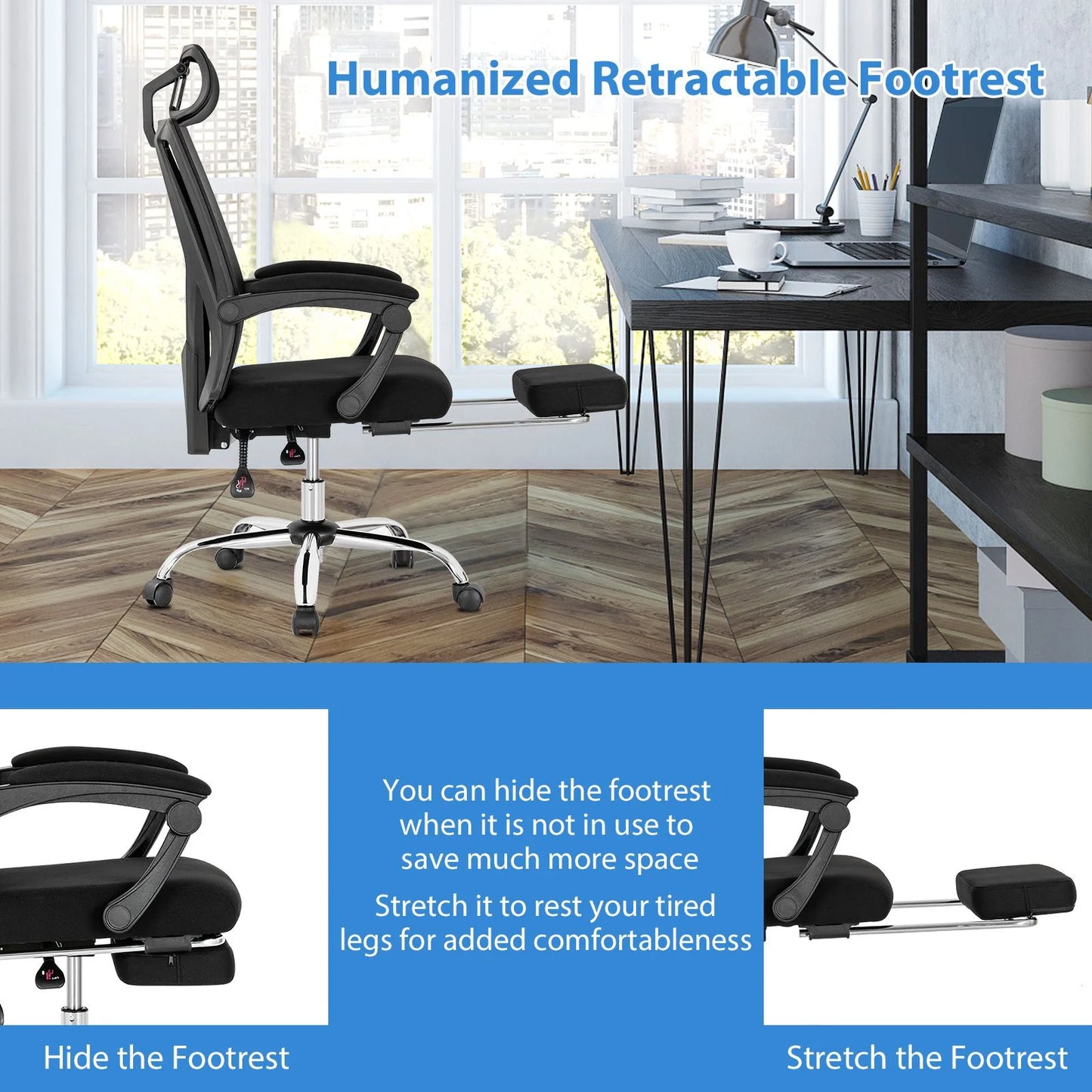 Ergonomic Mesh Office Chair with Adjustable Recline and Retractable Footrest