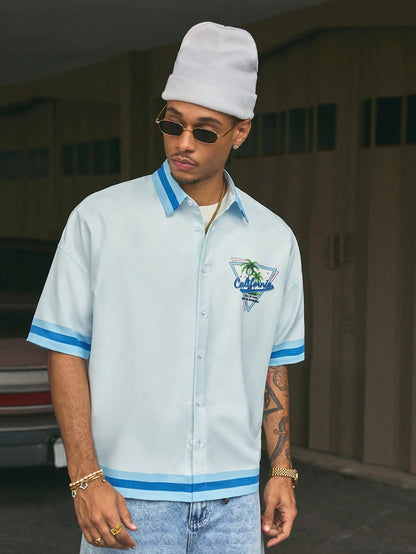 AXEPEAK Men'S Digital Print Loose Woven Short Sleeve Shirt, Streetwear Inspired