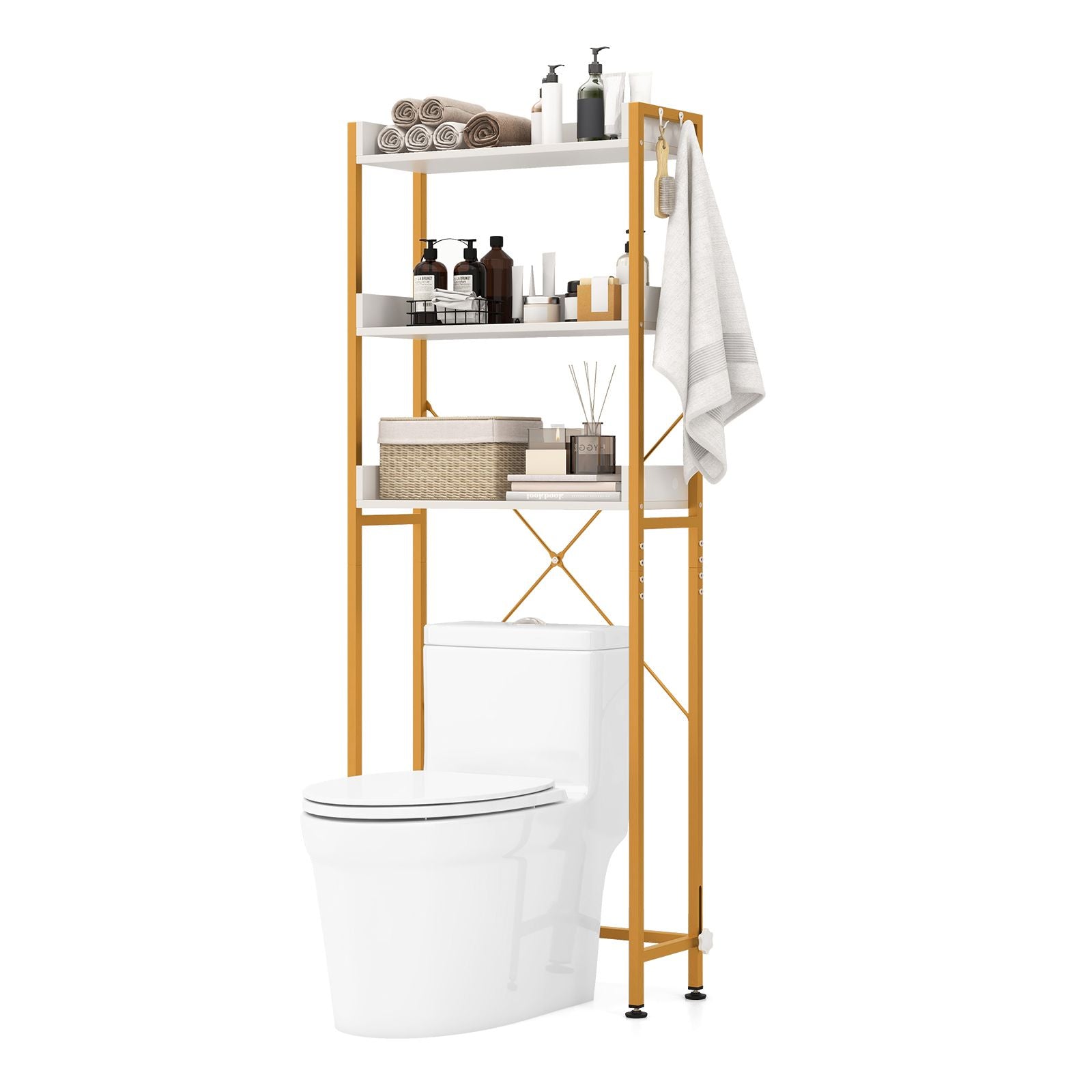 Three-Tier Over-the-Toilet Storage Rack with Four Hooks and Adjustable Base Bar