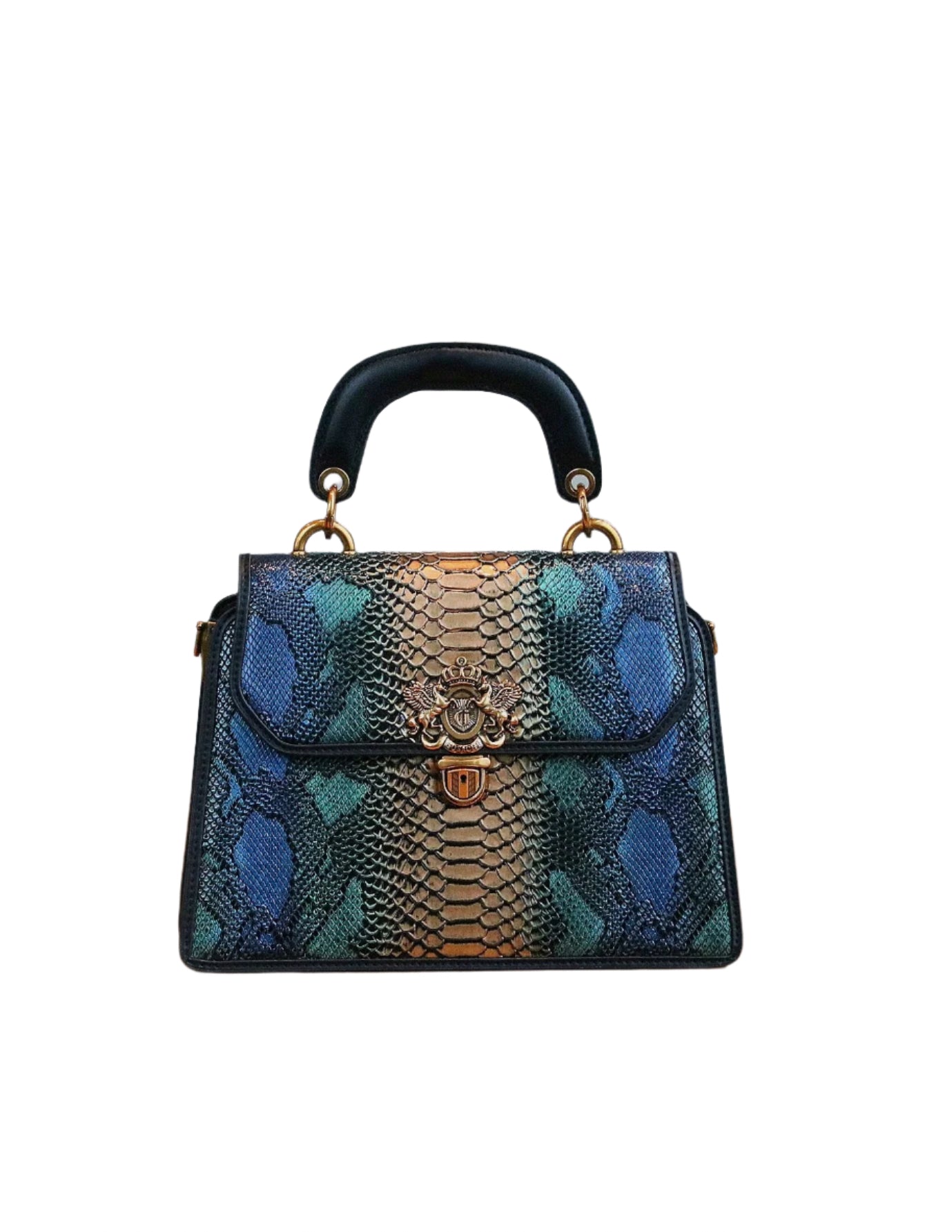 Luxury Custom 2025 New Vintage Women'S Handbag, Fashion Elaborate Luxurious Blue & Gold Snake Print Lock Ornament Tote Bag, Mature Style Shoulder & Crossbody Bag, Detachable Handle