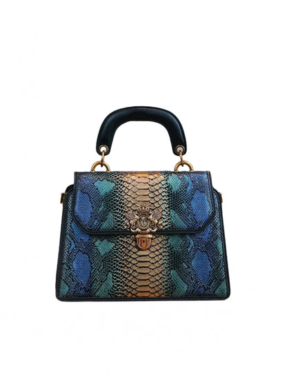Luxury Custom 2025 New Vintage Women'S Handbag, Fashion Elaborate Luxurious Blue & Gold Snake Print Lock Ornament Tote Bag, Mature Style Shoulder & Crossbody Bag, Detachable Handle