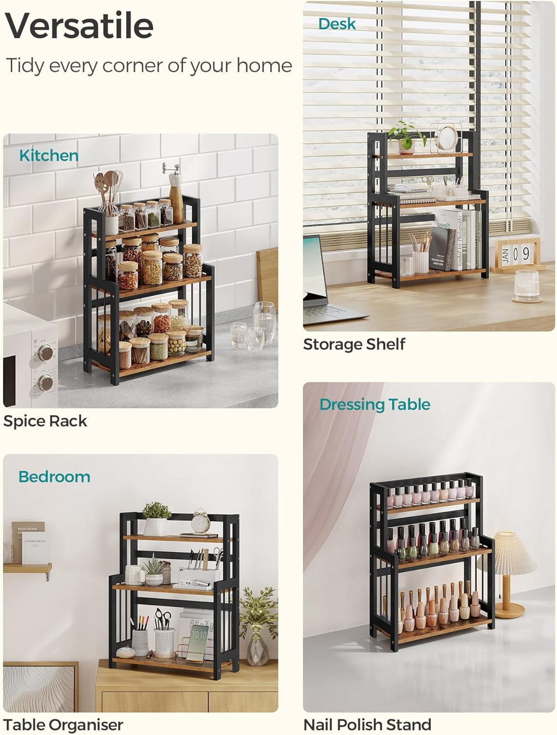 Spice Rack, 3 Tier Storage Rack, Desktop Organizer, Bamboo Frame, for Kitchen, Dining Room, Office, Rustic Brown and Black OFS047B01