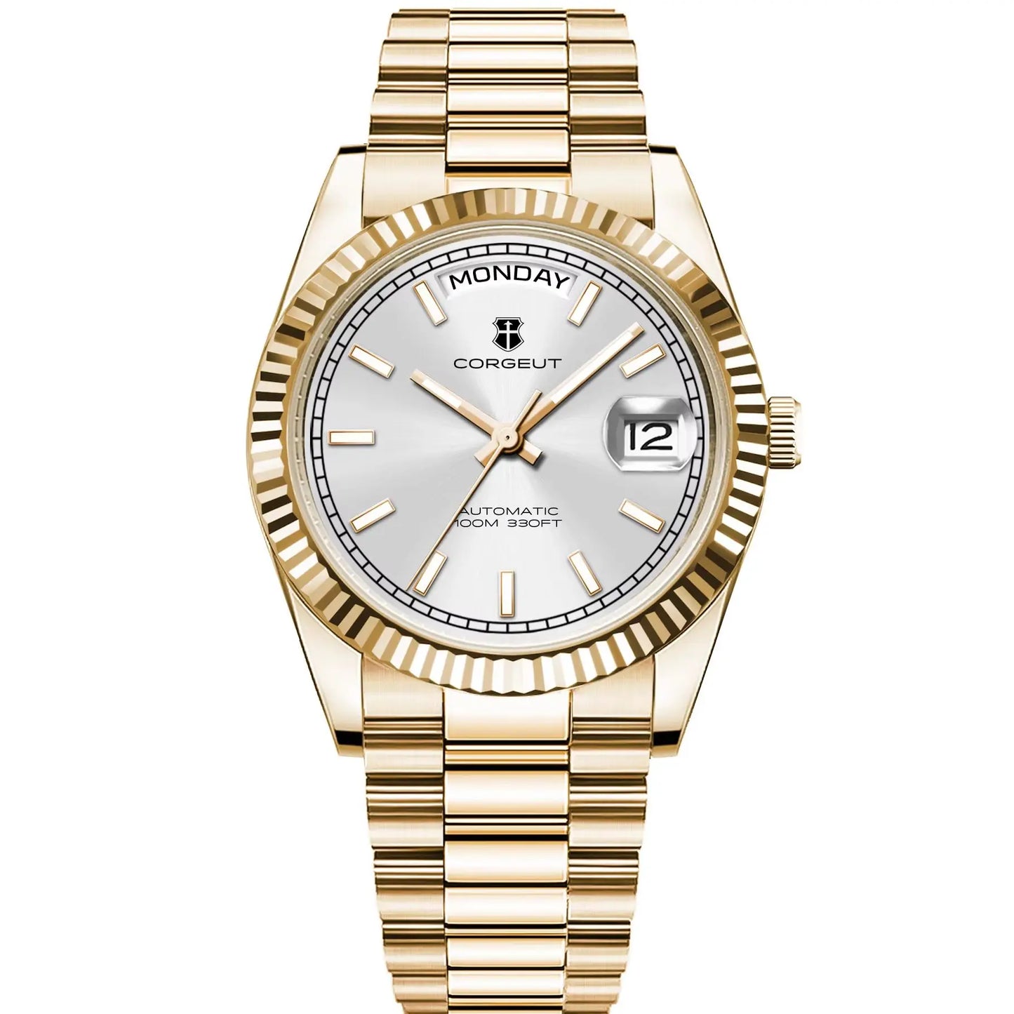 NH36 Mechanical Men'S Watch Date of the Week Show President Chain Strap Steel Case Watch Threaded Arc Bezel Waterp