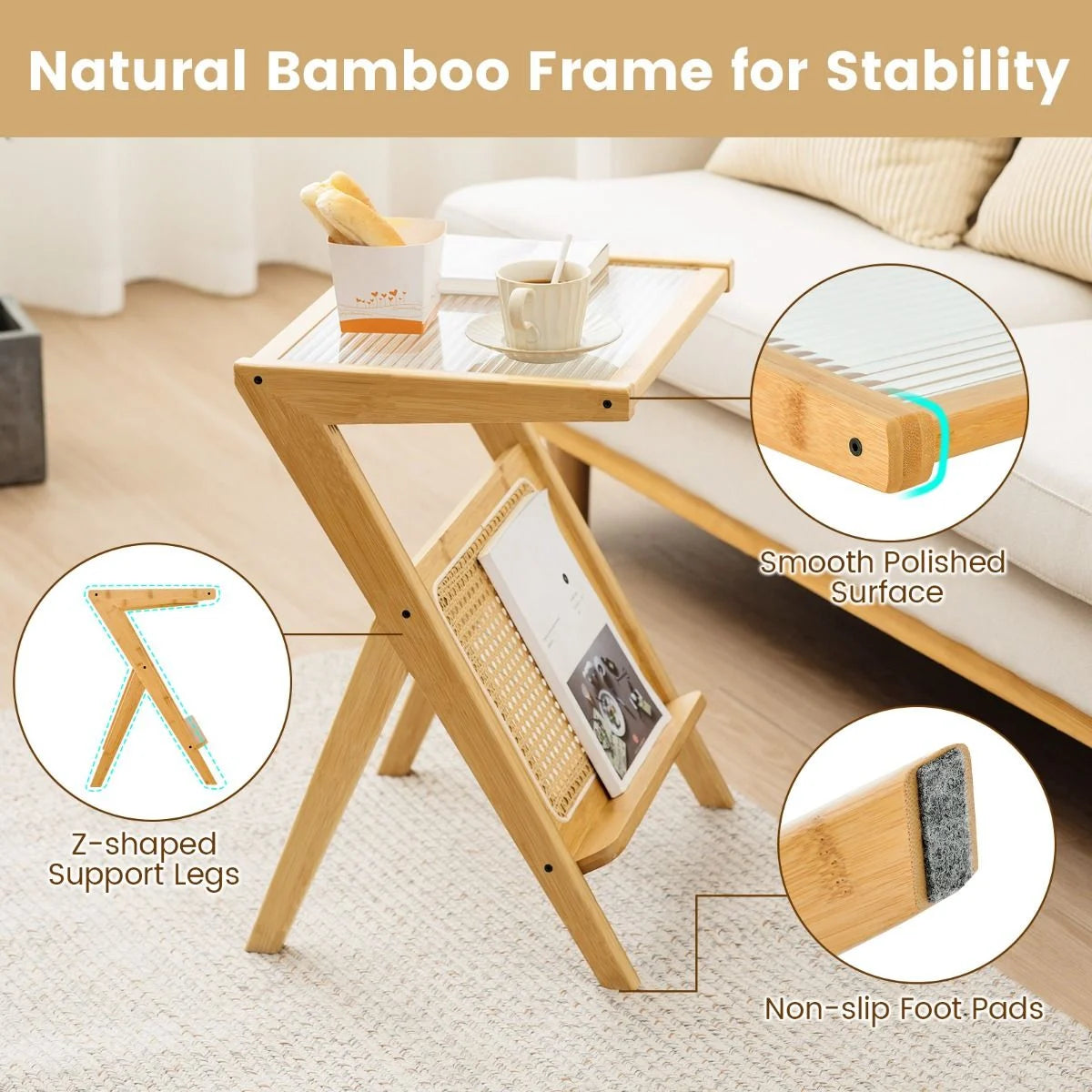 Stylish Bamboo Bedside Table with Elegant Tempered Glass Top