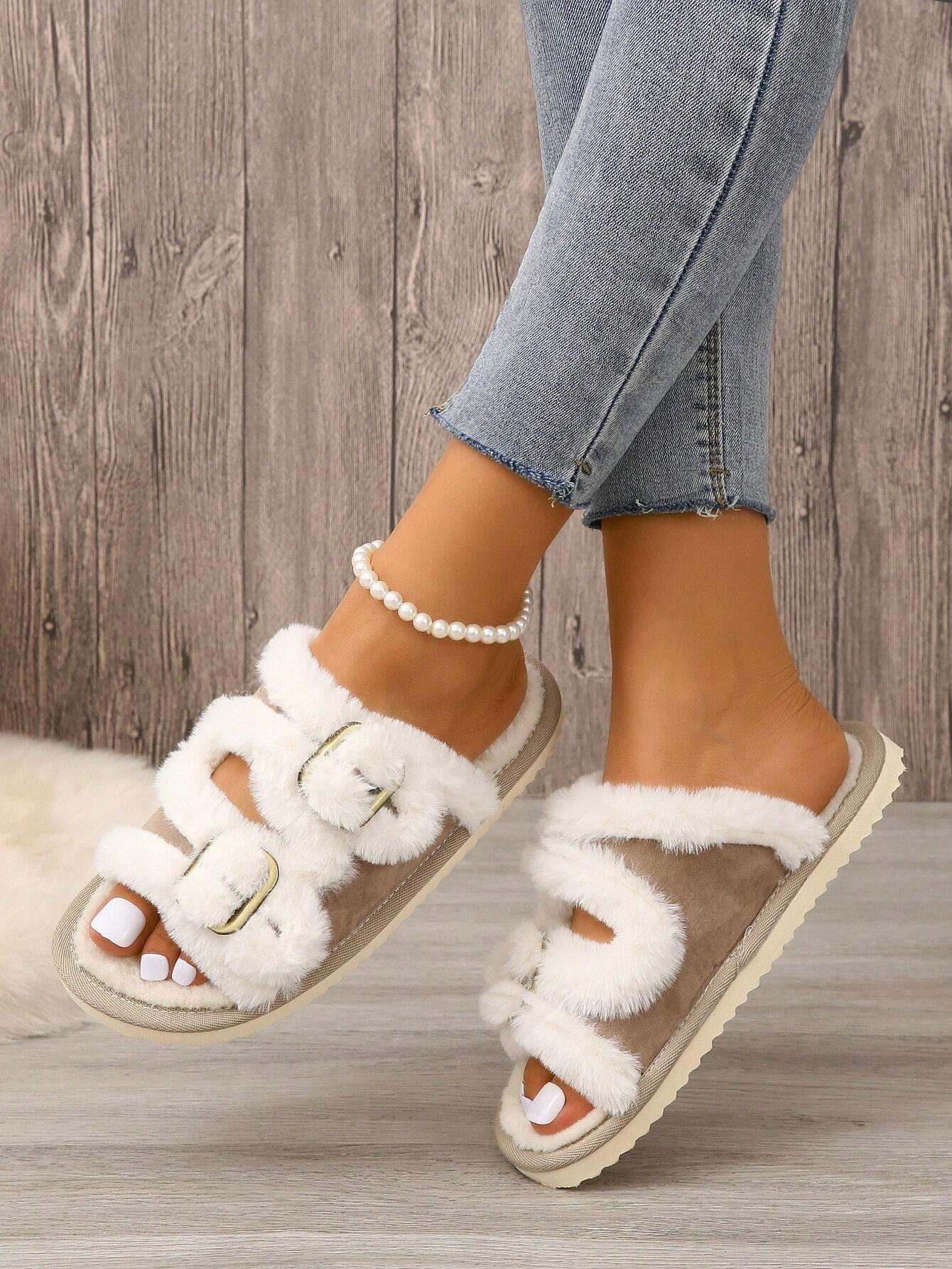 Women'S House Slippers with Belt Buckle, Plush Open Toe Indoor Home Shoes