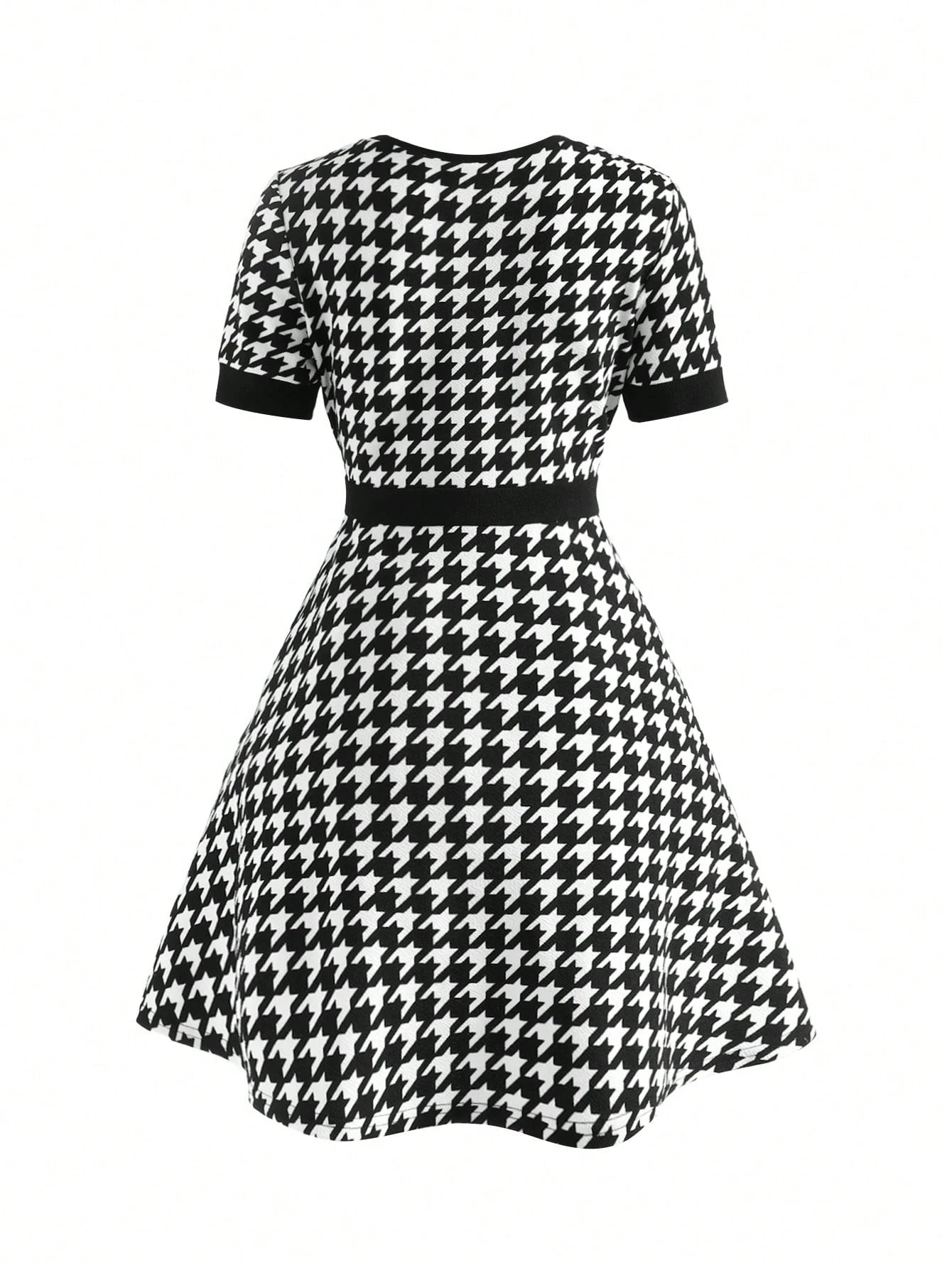 Tween Girls' Houndstooth Print Patchwork A-Line Dress with Button Detail, Elegant Schoolgirl Style for Back to School and Casual Wear