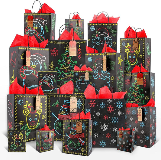 18-Pack Christmas Glow in the Dark Gift Bags Set with 18 Red Wrapping Papers & Gift Tags, Holiday Present Wrapping Supplies in 3 Sizes (Small/Medium/Large) - 6 Styles