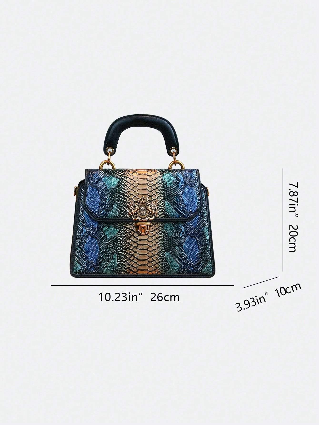Luxury Custom 2025 New Vintage Women'S Handbag, Fashion Elaborate Luxurious Blue & Gold Snake Print Lock Ornament Tote Bag, Mature Style Shoulder & Crossbody Bag, Detachable Handle