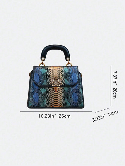 Luxury Custom 2025 New Vintage Women'S Handbag, Fashion Elaborate Luxurious Blue & Gold Snake Print Lock Ornament Tote Bag, Mature Style Shoulder & Crossbody Bag, Detachable Handle