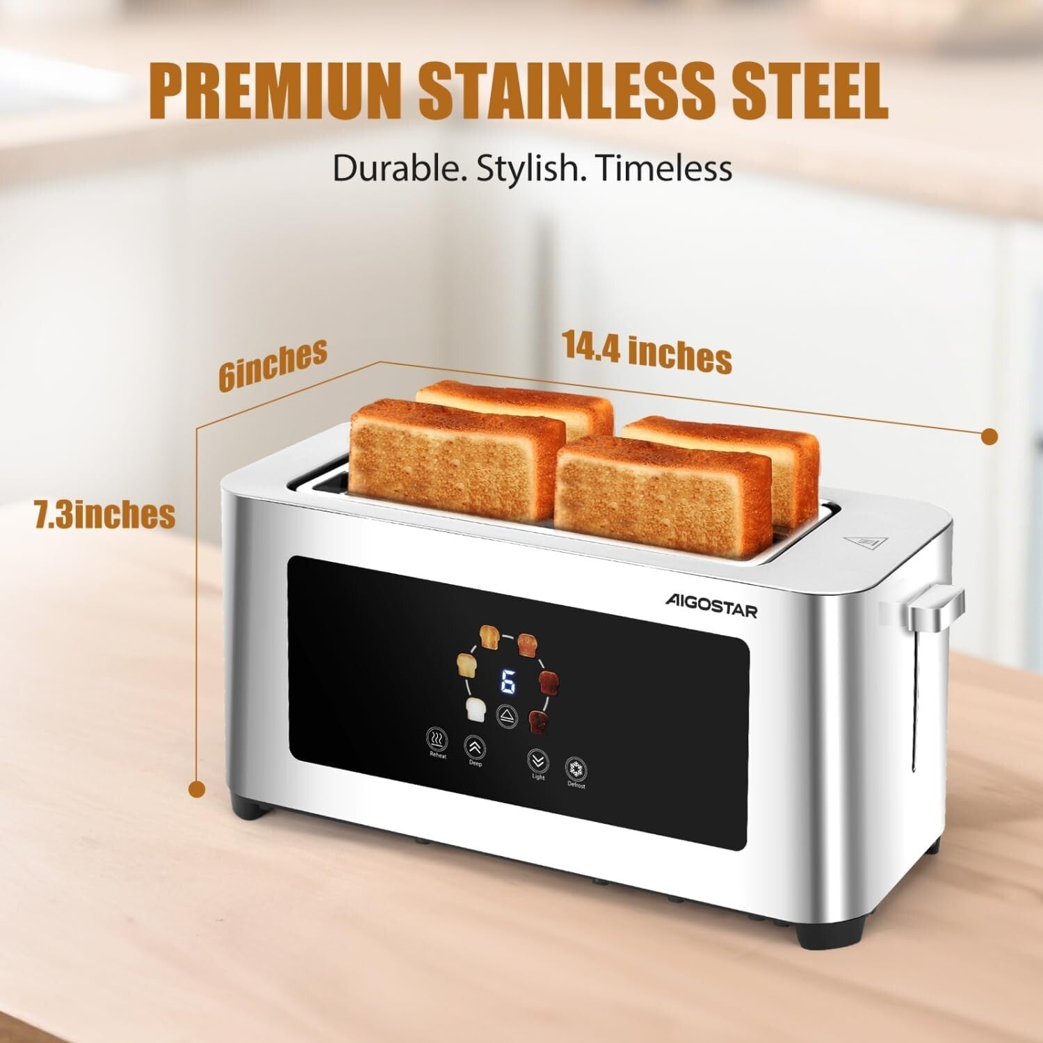 Long Slot Toaster Stainless Steel, Extra-Wide Slots, Digital Touch Control, 6 B