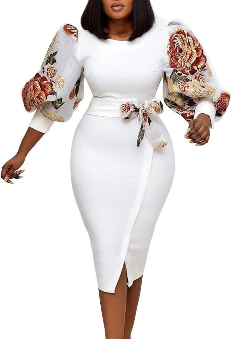 Split Three-Quarter Sleeve Mid-Calf round Neck Puff Sleeve Women'S Dress Bodycon Dress Party Dress