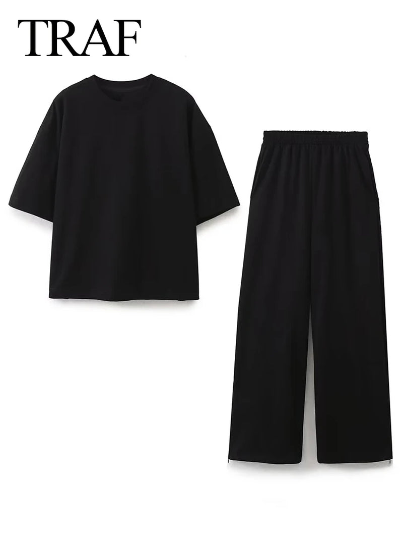 2024 Women'S Solid Casual T Shirts Pant Set Short Sleeves O-Neck T-Shirt Top+Lace-Up Loose Side Pockets Straight Pant