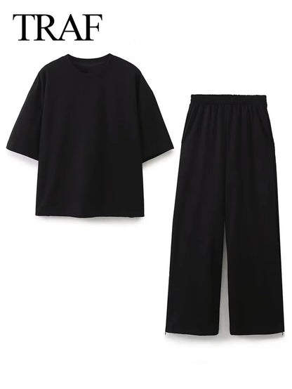 2024 Women'S Solid Casual T Shirts Pant Set Short Sleeves O-Neck T-Shirt Top+Lace-Up Loose Side Pockets Straight Pant