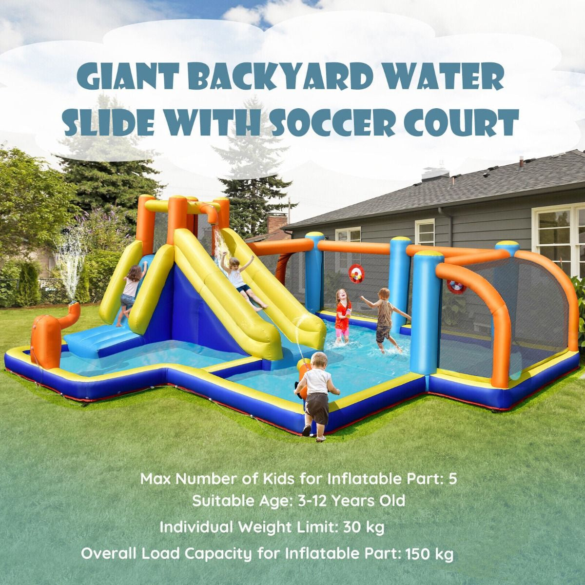 Inflatable Water Bounce House Featuring Slide and Water Cannons