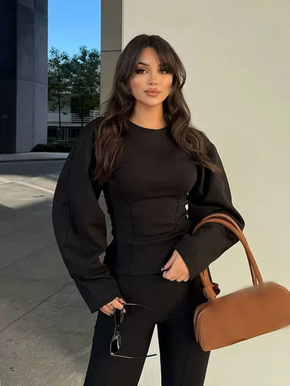 Women'S Two Pieces Set Pant Sets Crop Long Sleeve Sets Elegant Women'S Suits High Waist Wide Leg Trousers Outfit Streetwear
