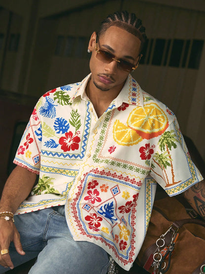 AXEPEAK Fashionable Street Style Floral Print Short Men'S Shirt, Streetwear Style