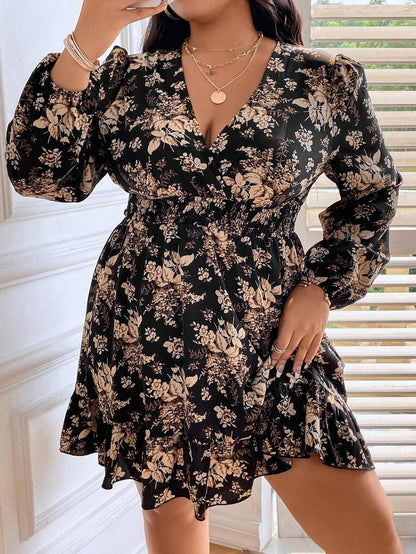 Plus Size Floral Print Lantern Sleeve Dress with Ruffle Hem by LUNE