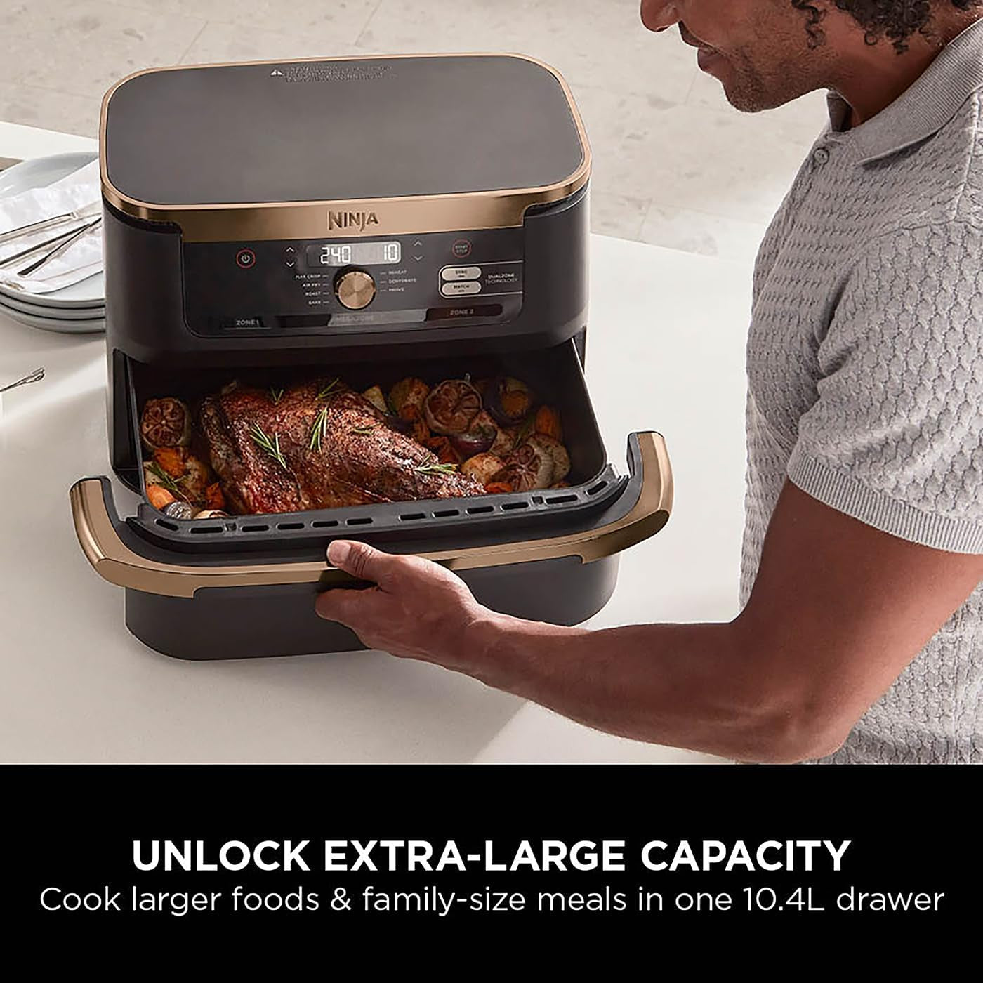 Foodi Flexdrawer Air Fryer, Dual Zone with Removable Divider, Large 10.4L Drawer, 7-In-1, Air-Fryer, Air Fry, Roast, Bake, Crisp, Non-Stick Dishwasher Safe Parts, Black and Copper, AF500UKCP