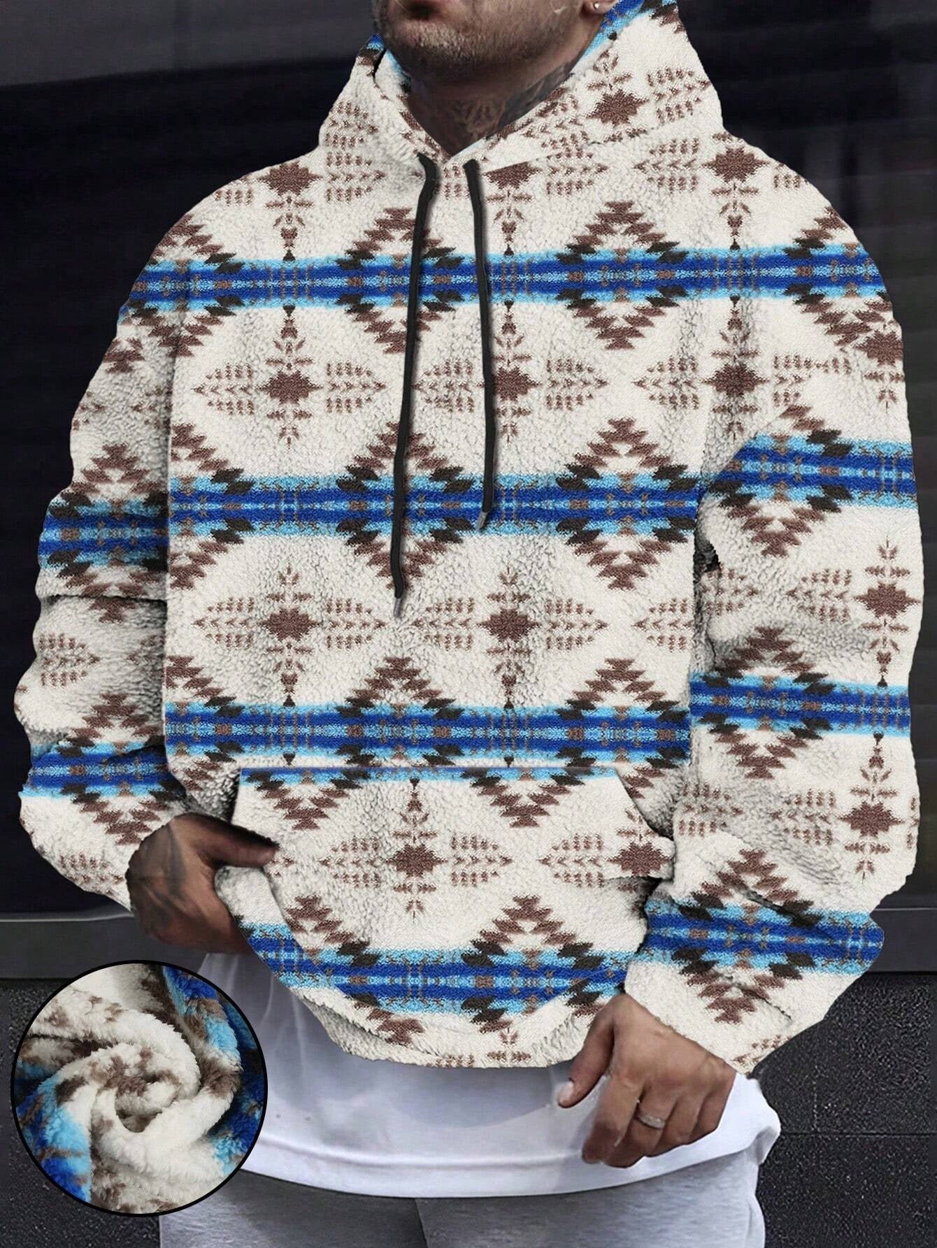 Men'S Totem Print Hooded Sherpa Fleece Sweatshirt