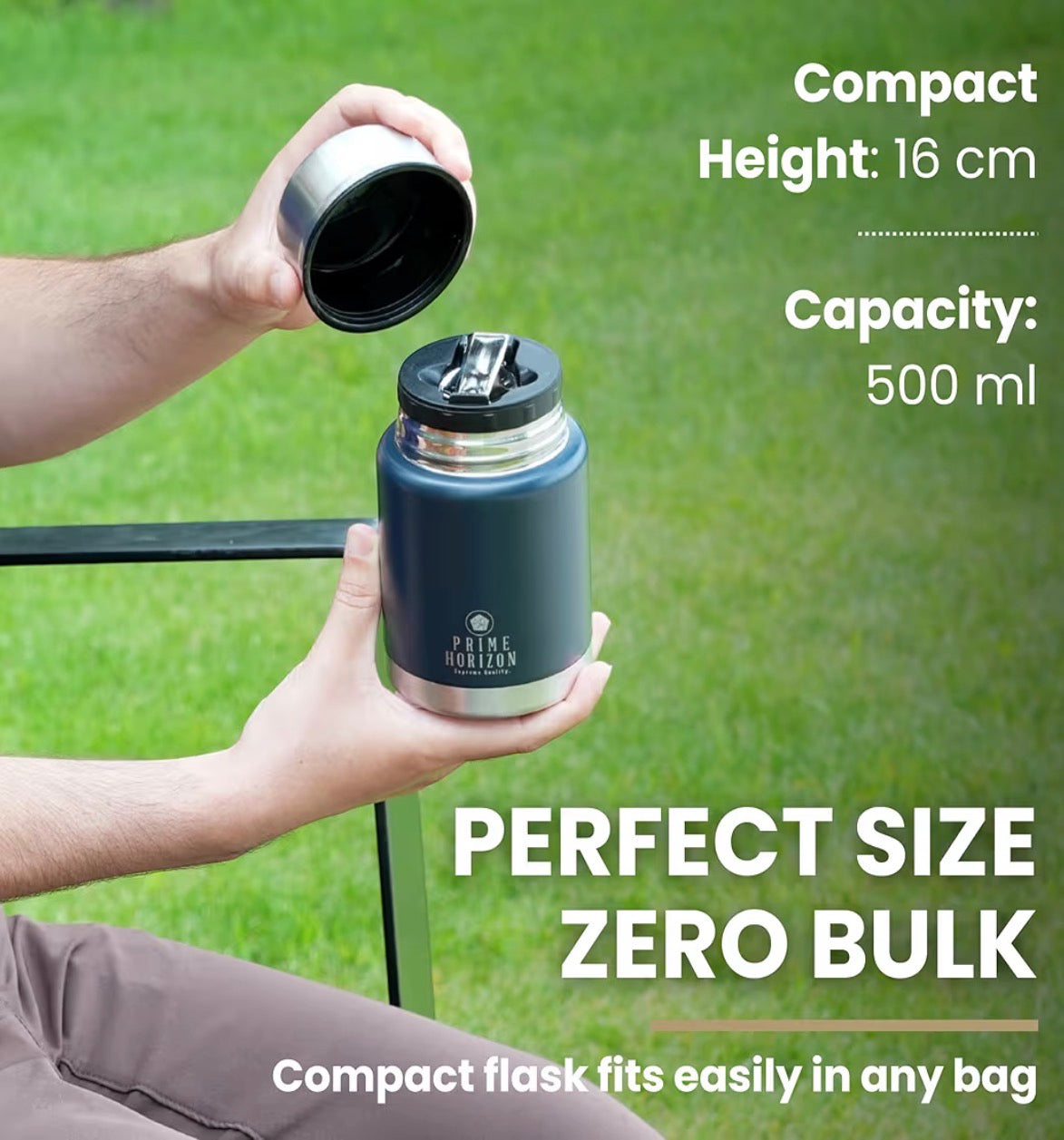 Prime Horizon Food Flask - 500ml Stainless Steel Vacuum Double Wall Jar with Folding Spoon, Leakproof and BPA Free. Free Insulated Travel Bag with Carabiner and Gift Box