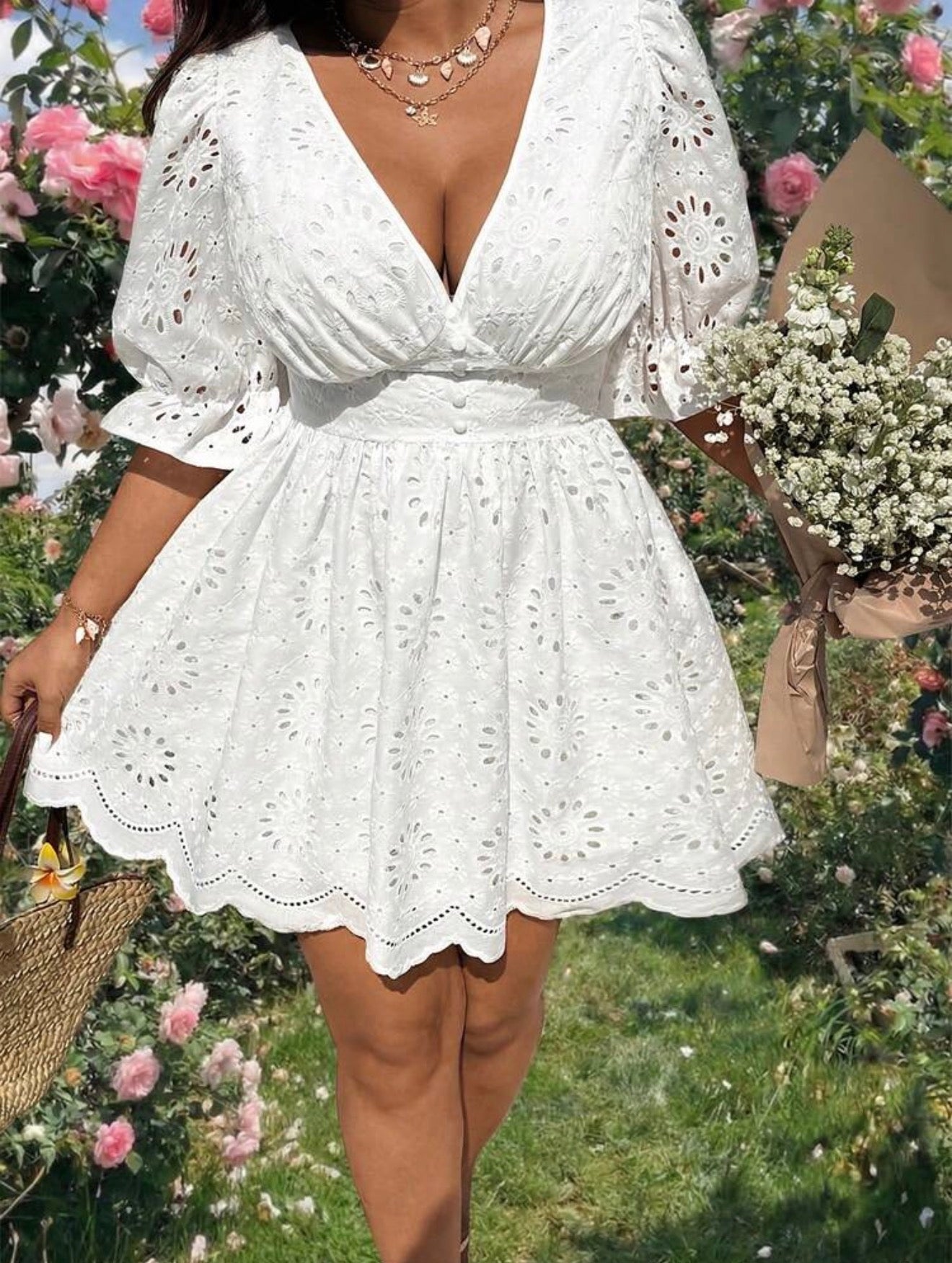 Sunnyshic Plus Size V-Neck Embroidered Puff Sleeve Dress
