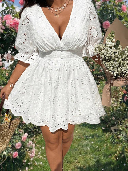 Sunnyshic Plus Size V-Neck Embroidered Puff Sleeve Dress