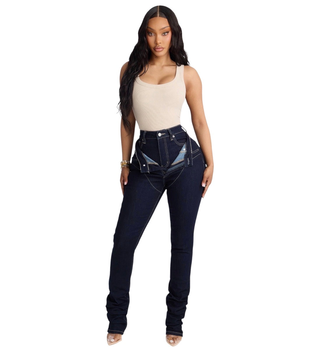 Think Twice Double Waistband High Rise Stacked Skinny Jeans