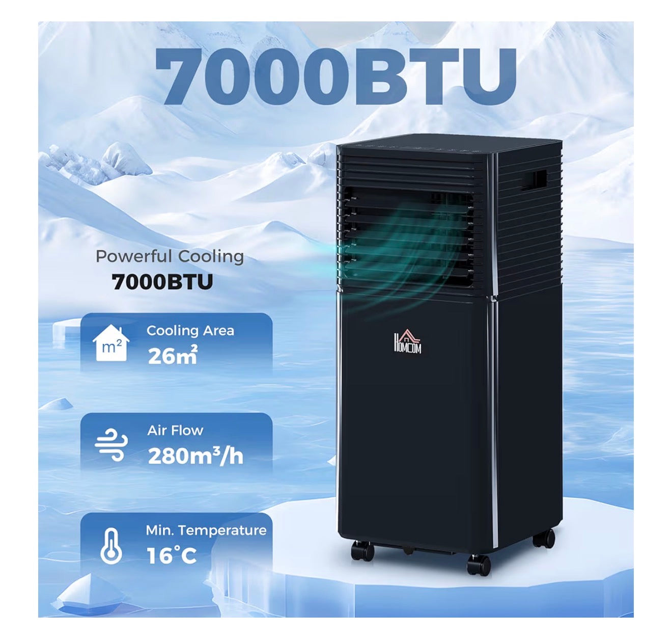 HOMCOM Portable Air Conditioner 7000 BTU, 4-in-1 Cooling, Fan, Dehumidifier & Sleep Mode, Mobile Air Conditioning Unit with Remote Control, 24H Timer, Window Mount Kit for Rooms up to 26㎡