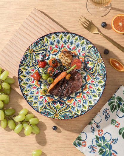 Plates Set - 10 Inch, Porcelain Large Dinning round Plates Set of 6, round Plate for Breakfast/Dessert with Pattern - Bohemian Style