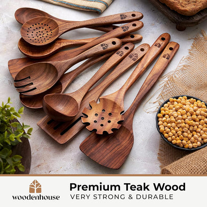 Wooden Utensil Set - 10 Pcs Teak Wooden Spoon Kitchen Utensils Set for Nonstick Pans & Cookware. Non-Scratch, Heat Resistant, Comfortable Grip. Includes Cooking Spatula