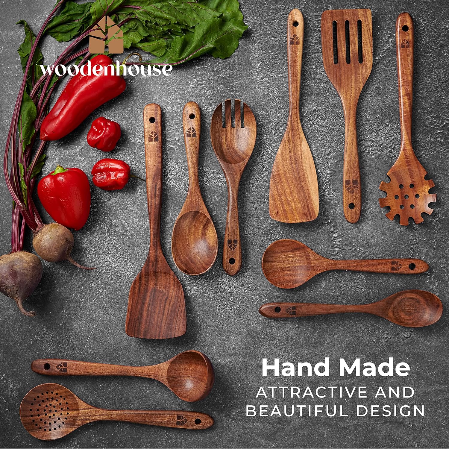 Wooden Utensil Set - 10 Pcs Teak Wooden Spoon Kitchen Utensils Set for Nonstick Pans & Cookware. Non-Scratch, Heat Resistant, Comfortable Grip. Includes Cooking Spatula