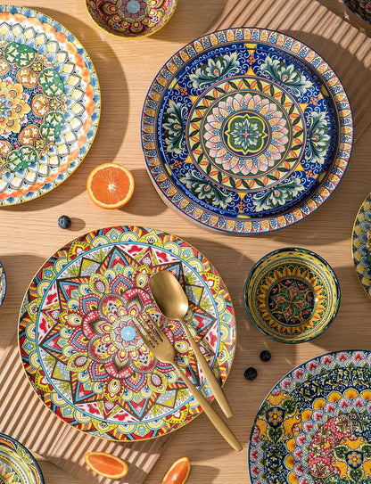 Plates Set - 10 Inch, Porcelain Large Dinning round Plates Set of 6, round Plate for Breakfast/Dessert with Pattern - Bohemian Style