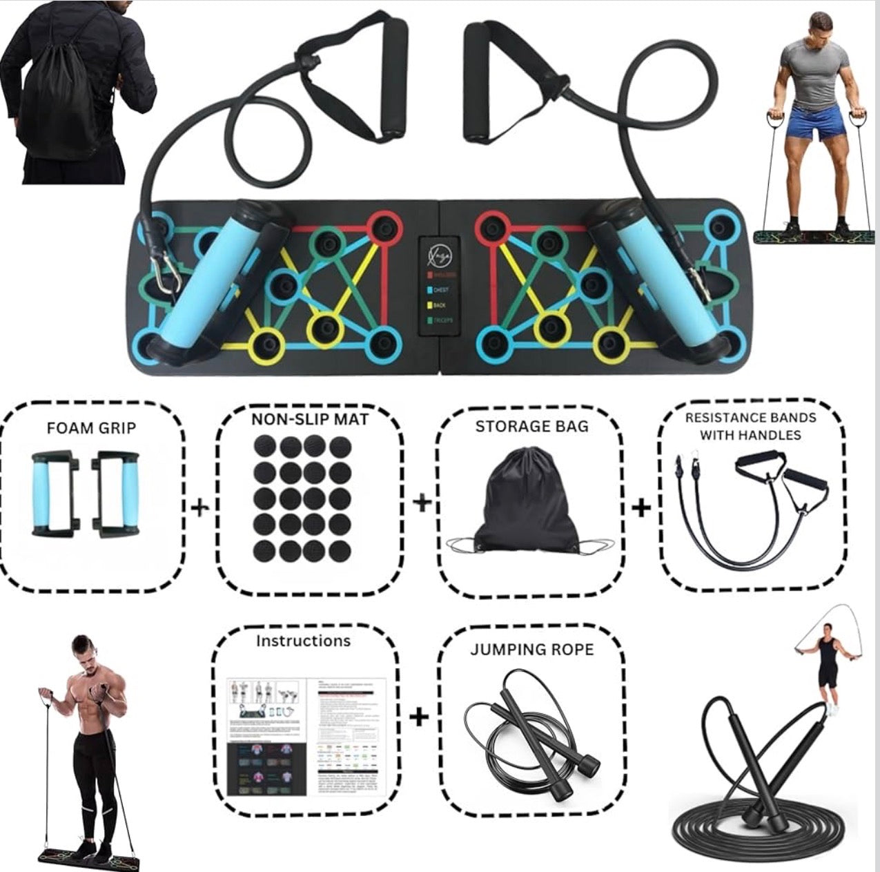 Push Up Board with Jump Rope Portable Home Gym Set