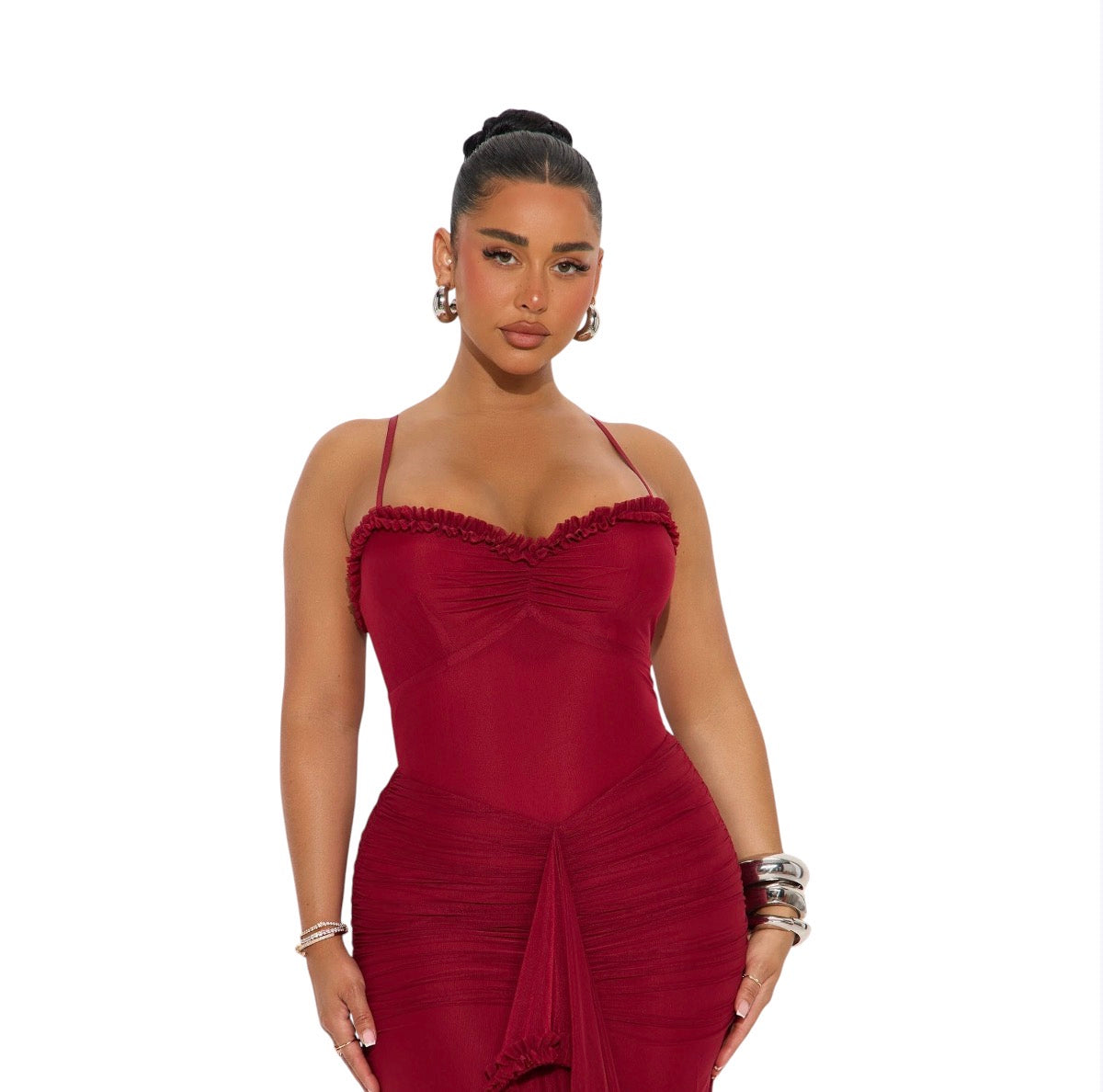 Danika Ruched Mesh Maxi Dress Wine