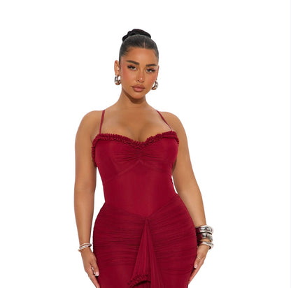 Danika Ruched Mesh Maxi Dress Wine