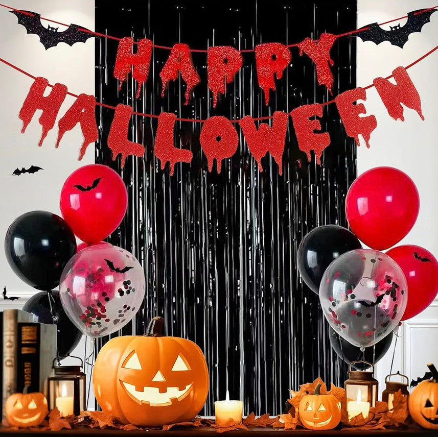 Halloween Party Decorations Set – Banner, Balloons & Black Fringe Backdrop | Minja Superstore