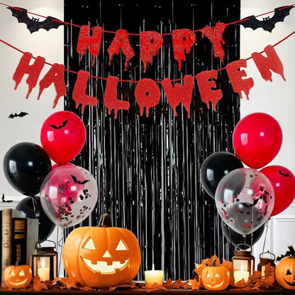 Halloween Party Decorations Set – Banner, Balloons & Black Fringe Backdrop | Minja Superstore