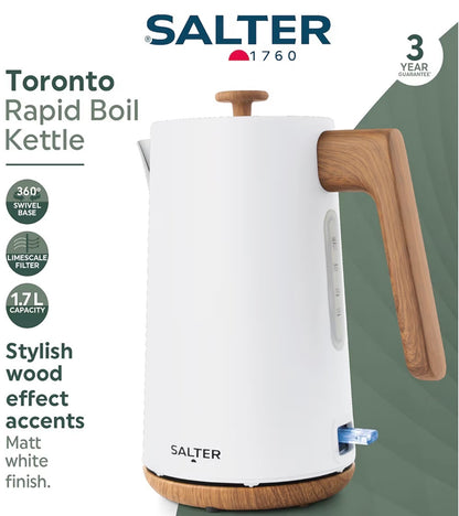 Salter Toronto Kettle, Toaster & Serving Board Set – Kitchen Countertop, 55cm & 60cm Serving Board, Chopping & Pizza Boards, FSC®- Certified Acacia Wood, Wide Slot Toaster, 3kW Rapid Boil, White