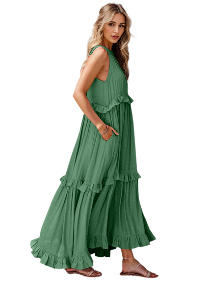 Ruffled Sleeveless Tiered Maxi Dress with Pockets