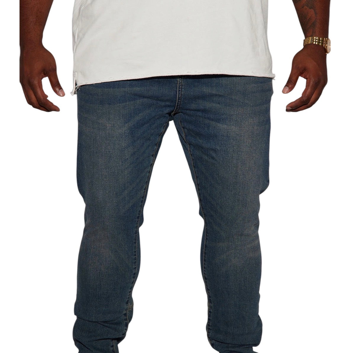 Drop Top Back Zip Stacked Skinny Jeans Vintage Blue Wash