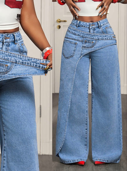 Women’s Casual Loose Fit Denim Long Pants Asymmetrical Design