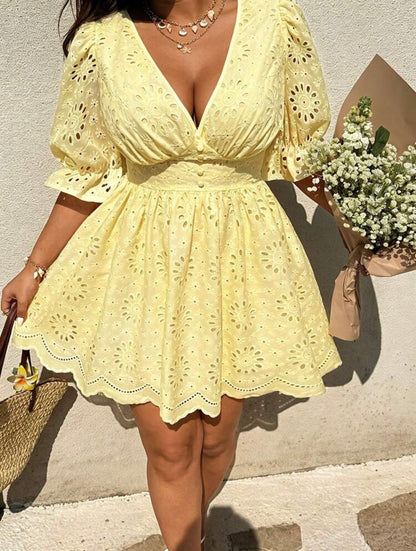 Sunnyshic Plus Size V-Neck Embroidered Puff Sleeve Dress