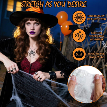 Halloween Spider Web Decoration Set 300g | 60 Black Spiders